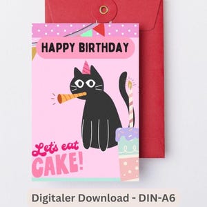Birthday cat postcard digital funny card, birthday gift, last minute gift birthday party happy birthday cat card