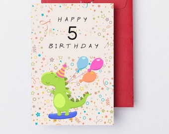 Birthday card dino children funny card, birthday gift digital, children's birthday happy birthday card 5 years dino birthday