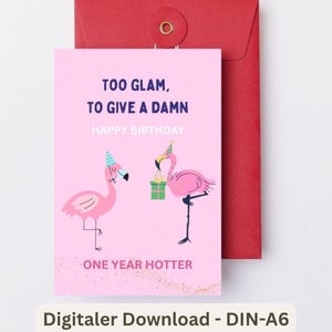 May include: Pink birthday card with the text "TOO GLAM, TO GIVE A DAMN HAPPY BIRTHDAY ONE YEAR HOTTER" and illustrations of pink flamingos wearing party hats. The card is paired with a red envelope.