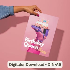 Birthday card pink digital postcard birthday gift best friend, happy birthday queen funny card last minute gift idea DIN-A6