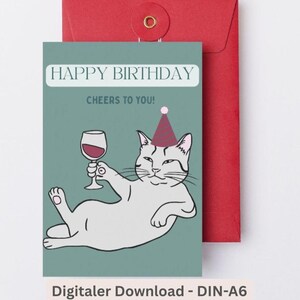 Birthday cat postcard digital funny card, birthday gift, last minute gift birthday party happy birthday cat card
