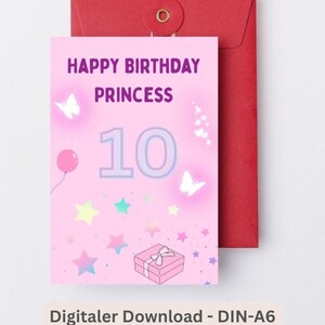 Birthday card digital 10 years daughter greeting card birthday, happy birthday card princess children&#39;s birthday ten years postcard