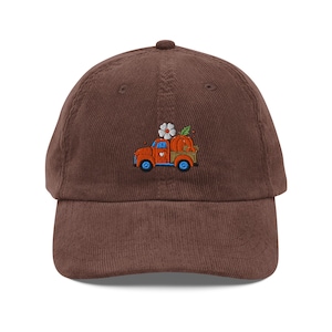 Vintage Corduroy Cap with Embroidered Pumpkin Pickup Truck  Cozy Season Gift