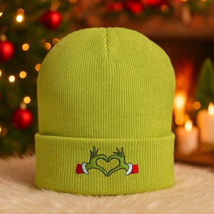 Grinch Hat Grinch Heart Organic Ribbed Beanie Grinch Hat Christmas Gift For Him Grinchmas Gift Winter Beanie Grinch Hat