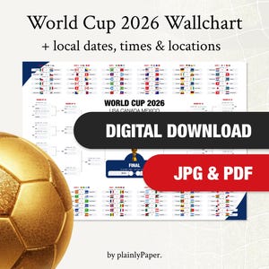 Può includere: Un tabellone murale della Coppa del Mondo 2026 con date, orari e luoghi, con un pallone da calcio dorato in primo piano. La grafica include il testo World Cup 2026, USA CANADA MEXICO, DIGITAL DOWNLOAD, JPG & PDF e plainlyPaper.