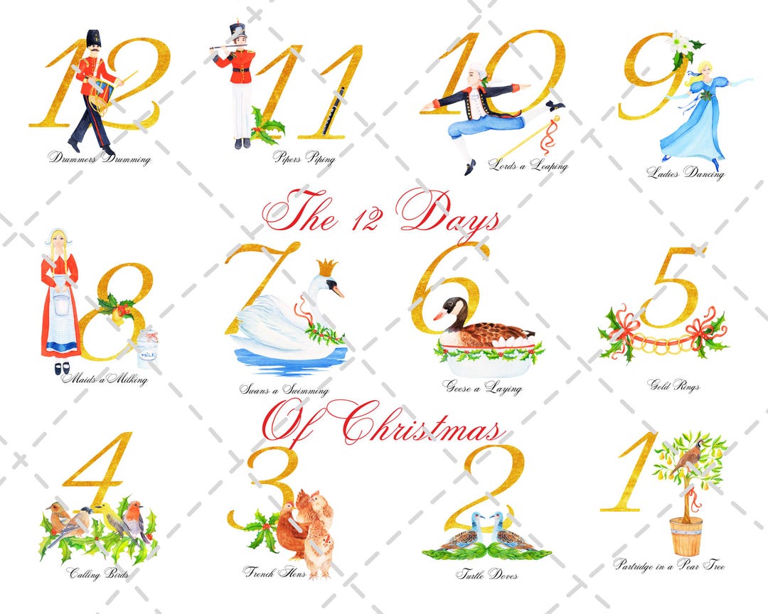 12 Days of Christmas Printable Clipart | Watercolor Holiday Art ...