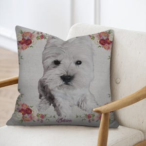 Westie Dog Woven Pillow –  Pillow With Flowers – Cute West Highland Terrier Cushion – Double Sided Decorative Dog Pillow – Cozy Home Decor