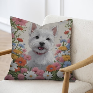 Westie Dog Woven Pillow – Tapestry Throw Pillow With Flowers – Cute West Highland Terrier Cushion – Decorative Dog Pillow – Cozy Home Decor