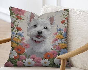 Westie Dog Woven Pillow – Tapestry Throw Pillow With Flowers – Cute West Highland Terrier Cushion – Decorative Dog Pillow – Cozy Home Decor