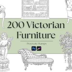 Könnte beinhalten: Schwarz-Weiß-Illustration viktorianischer Möbel, darunter ein Tisch, ein Bücherregal, ein Stuhl, eine Cherub-Statue, eine Chaiselongue und ein Blumenarrangement. Der Text lautet "200 Victorian Furniture Procreate Stamps".