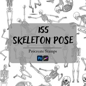Op de afbeelding: Een zwart-wit illustratie van 155 skeletposities. De afbeelding toont skeletten in verschillende posities, met de tekst "155 SKELETON POSE" en "Procreate Stamps".