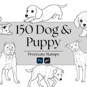Procreate、Photoshop、Photopea用犬＆子犬ラインアートスタンプブラシ150種類 | デジタルダウンロード