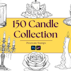 May include: A collection of 150 candle illustrations in black and white, including candles in glass holders, on ornate stands, and a rose with a candle. The text "150 Candle Collection" is displayed on a yellow background.