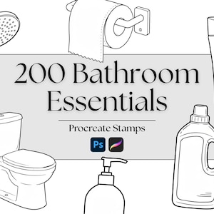 May include: Line art illustration of bathroom essentials, including a shower head, toilet paper, shampoo bottle, toilet, soap dispenser, and cleaning product bottle. The text "200 Bathroom Essentials" is displayed in the center.