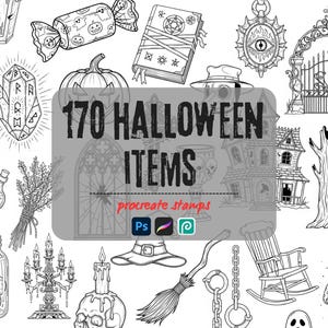 May include: Black and white line art illustrations of Halloween-themed items, including a pumpkin, candy, a spell book, a haunted house, and a witch's hat. The text "170 HALLOWEEN ITEMS" is displayed in the center.