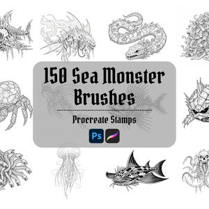Puede incluir: Ilustraciones en blanco y negro de varios monstruos marinos, incluyendo un esqueleto de tiburón, una serpiente y un cangrejo. La imagen también presenta el texto "150 Sea Monster Brushes" y "Procreate Stamps".
