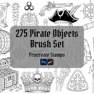 Può includere: Illustrazione in bianco e nero di vari oggetti a tema pirata. Include un forziere, una botte, un cappello da pirata, un cannocchiale e una bottiglia di rum. L'immagine presenta anche il testo "275 Pirate Objects Brush Set Procreate Stamps".
