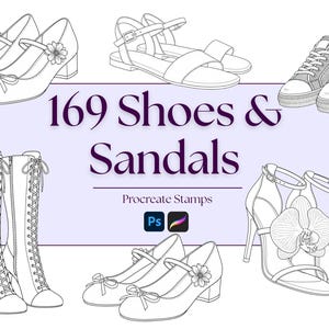 May include: Line art illustration of various shoes and sandals, including heels, sneakers, and boots. The text "169 Shoes & Sandals" is displayed in a purple font, with "Procreate Stamps" below. Includes the Procreate and Photoshop logos.