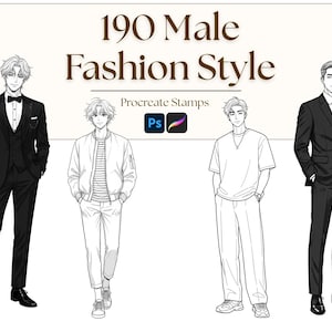 Könnte beinhalten: Illustration von vier männlichen Figuren in verschiedenen Outfits, die verschiedene Modestile zeigen. Das Bild enthält den Text "190 Male Fashion Style" und Logos für Procreate Stamps, Photoshop und Procreate.