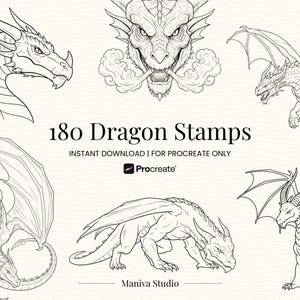 Dragon Stamp Brushes, 180 Fantasy Creatures, Procreate Photoshop (Digital Download)