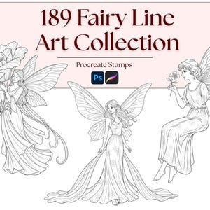 May include: A digital art collection titled "189 Fairy Line Art Collection" featuring three line art illustrations of fairies. The fairies have detailed wings and flowing dresses, holding flowers. The image includes the Procreate Stamps logo and the Photoshop logo.