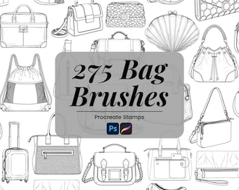 May include: Line art illustration of various handbags, purses, and backpacks. The image includes a variety of styles, such as totes, satchels, and clutches. The text "275 Bag Brushes" is displayed in the center, along with "Procreate Stamps" and the Photoshop and Procreate logos.