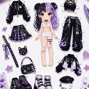 May include: A paper doll with black and purple hair, alongside a collection of clothing and accessories. The items include a jacket, skirt, trousers, and footwear. Accessories feature a handbag, necklace, and star-shaped embellishments. The overall theme is a gothic aesthetic.