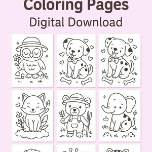 May include: A digital download featuring 60 cute animal coloring pages. The pages showcase various animals, including an owl, dog, cat, bear, elephant, hedgehog, giraffe, and tiger, all in black and white line art, ready for coloring.