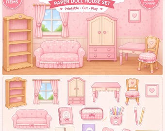 Paper Doll House Set – Printable Kawaii Dollhouse Furniture & Accessories for Kids