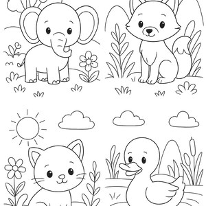 May include: Black and white line art of four cute animals: an elephant, a fox, a cat, and a duck. Each animal is in a different outdoor scene with flowers, grass, clouds, and a sun. The image is suitable for coloring.