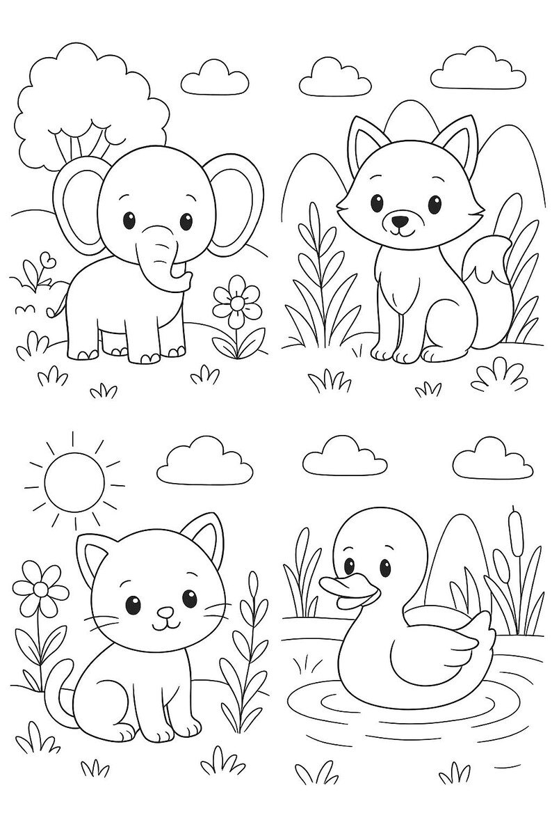 May include: Black and white line art of four cute animals: an elephant, a fox, a cat, and a duck. Each animal is in a different outdoor scene with flowers, grass, clouds, and a sun. The image is suitable for coloring.