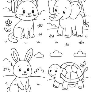 May include: Black and white line art illustration of four friendly animals: a cat, elephant, rabbit, and turtle. The animals are in a grassy field with clouds, trees, and flowers. A coloring book page.