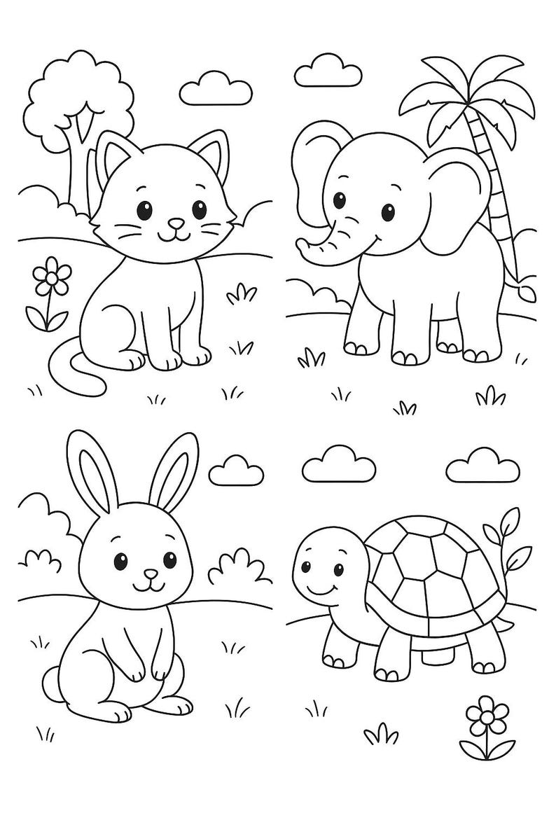 May include: Black and white line art illustration of four friendly animals: a cat, elephant, rabbit, and turtle. The animals are in a grassy field with clouds, trees, and flowers. A coloring book page.