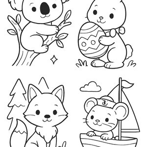 May include: Black and white line art featuring a koala on a branch, a bunny with an Easter egg, a fox, and a mouse sailing a boat. The illustrations are simple and suitable for coloring.