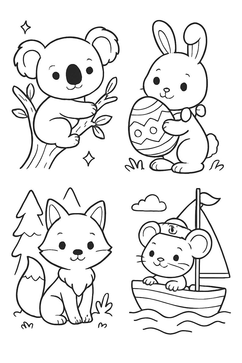 May include: Black and white line art featuring a koala on a branch, a bunny with an Easter egg, a fox, and a mouse sailing a boat. The illustrations are simple and suitable for coloring.