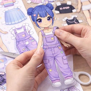 May include: A paper doll with blue hair and purple overalls, held by hands. The doll has a white top and a gold necklace. Other paper clothing items include a skirt, a top with "K-POP" on it, and shoes.