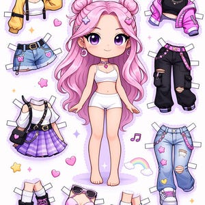 May include: A paper doll with pink hair and various outfits. The outfits include a yellow jacket, denim shorts, black trousers, a purple skirt, and jeans. Accessories include sunglasses, shoes, and a purse. The word "LUNE" is at the top.