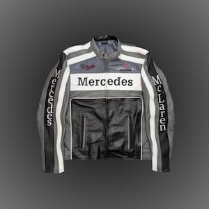 Mercedes Black Bomber Jacket | McLaren Leather Biker Coat | Men’s Motorcycle Jacket | Gift for Him | Halloween Biker Style