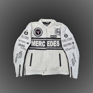 Mercedes Bomber Jacket | White & Black Leather Biker Coat | Men’s Moto Streetwear | Halloween Gift for Him | Racing Style Jacket