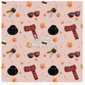 Cozy Autumn Seamless Pattern Hand Drawn PNG Download Digital Paper Sublimation Fabric Surface Design File Red Sunglasses Maple Leaf Coffee