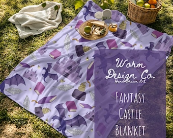 Manta de castillo de fantasía: dragón, libros y estrellas