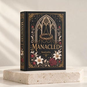 May include: A black hardcover book titled Manacled by SenLinYu. The front cover features gold foil detailing of a gothic archway, a crown of thorns, and floral illustrations of white lilies and red roses against a dark, starry background.
