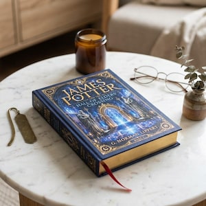 May include: A hardcover book titled James Potter and the Hall of Elders Crossing by G. Norman Lippert, featuring a dark blue cover with gold foil accents, a glowing archway illustration, and gold-edged pages with a red ribbon bookmark.