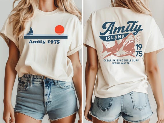 Jaws Amity Island 1975 Shirt, Vintage Shark Beach Tee, Front & Back Design, Funny Ocean Summer Graphic, Retro Tee, Vintage Tee