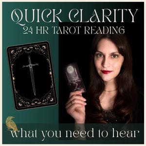 May include: An advertisement for a 24-hour tarot reading. The image features a woman holding a tarot card with a celestial design. The text reads "Quick Clarity" and "what you need to hear."