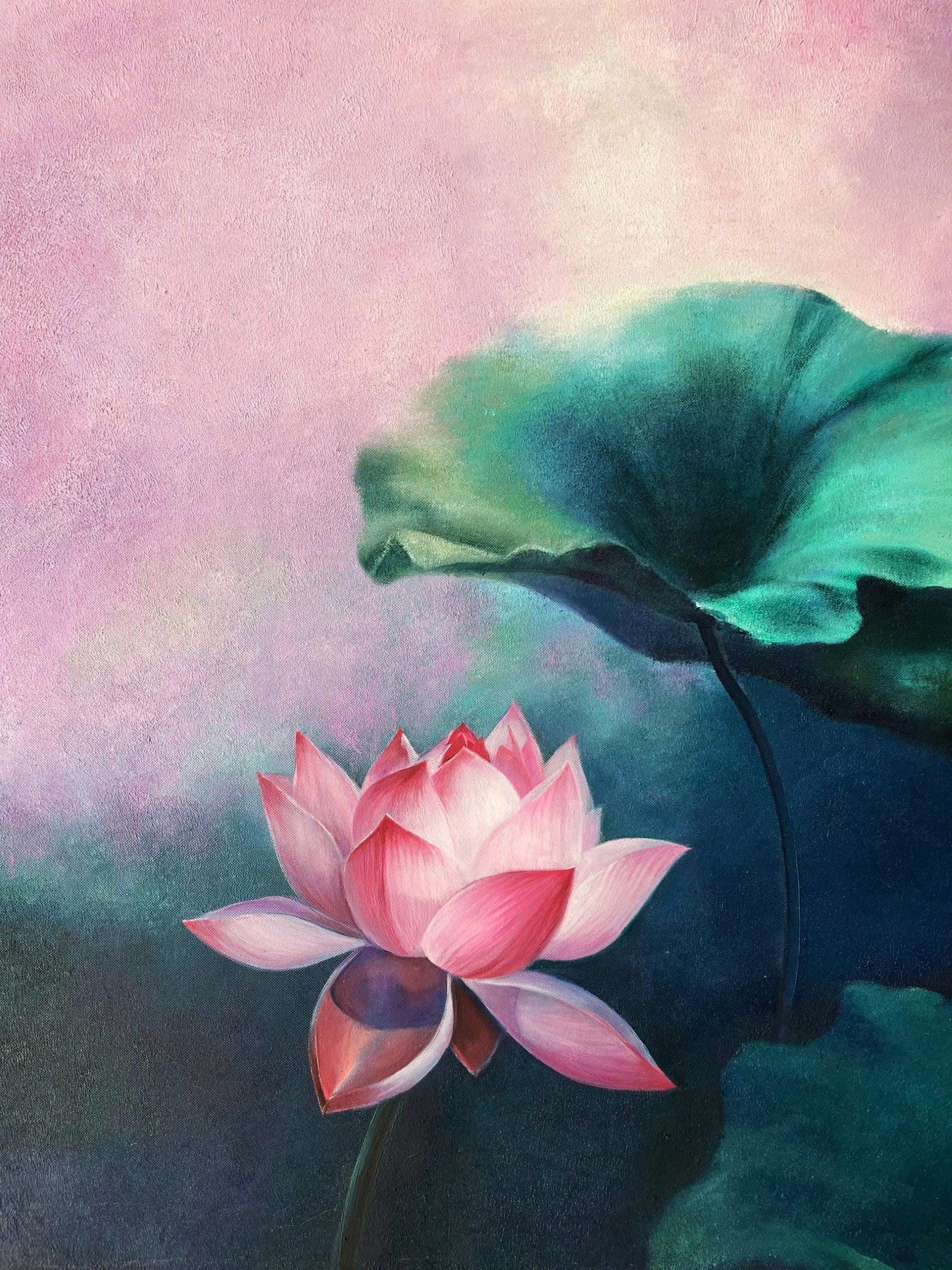 ピンクの蓮の油絵：PhucTienによるモダンな花の壁アート（31.5インチ x