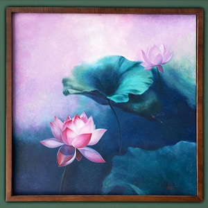 Pink Lotus, Unique Art, Original Oil Painting, Modern Wall Art, Contemporary art, Inspirational Art by PhucTien, Flower and Water Painting