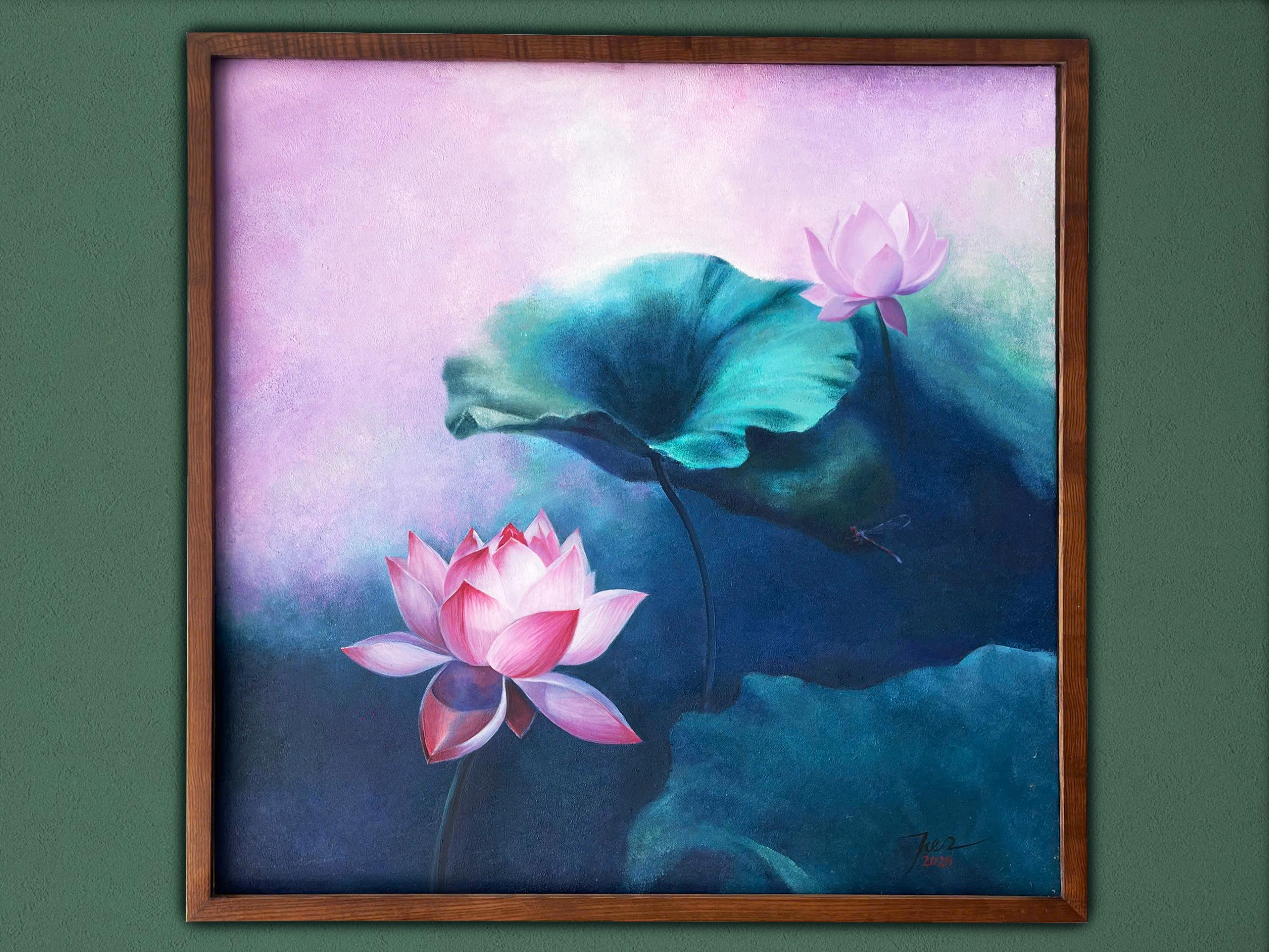 ピンクの蓮の油絵：PhucTienによるモダンな花の壁アート（31.5インチ x