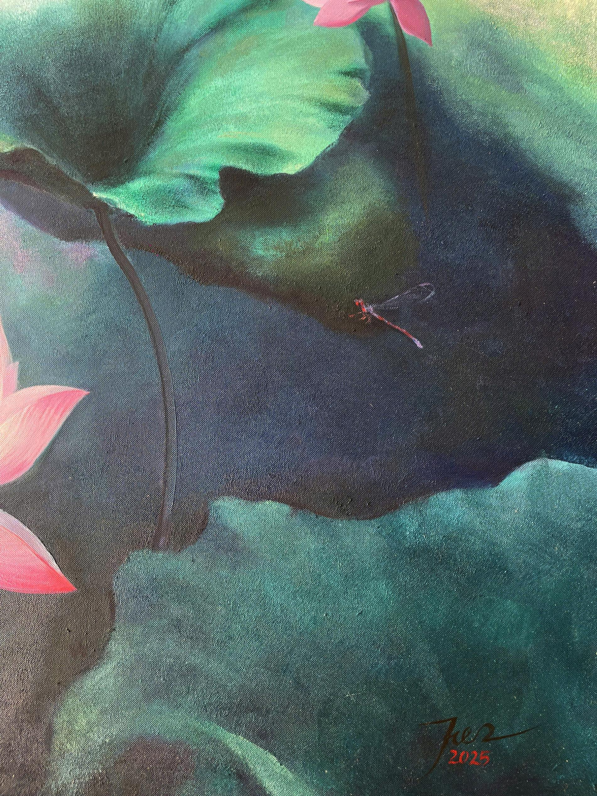 ピンクの蓮の油絵：PhucTienによるモダンな花の壁アート（31.5インチ x