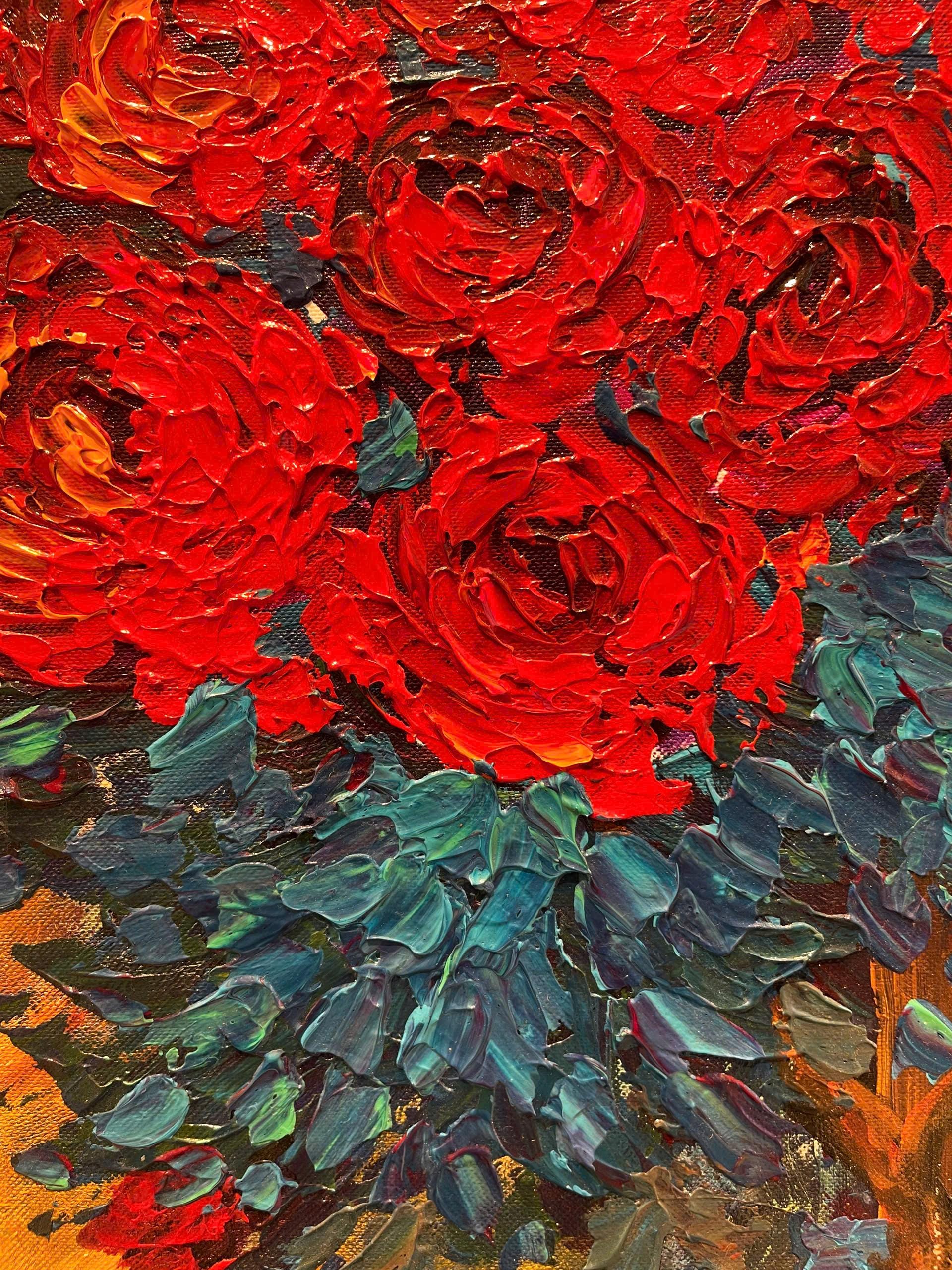 赤いバラのアクリル画：抽象的な花のアート、モダンな壁装飾（43.3x25